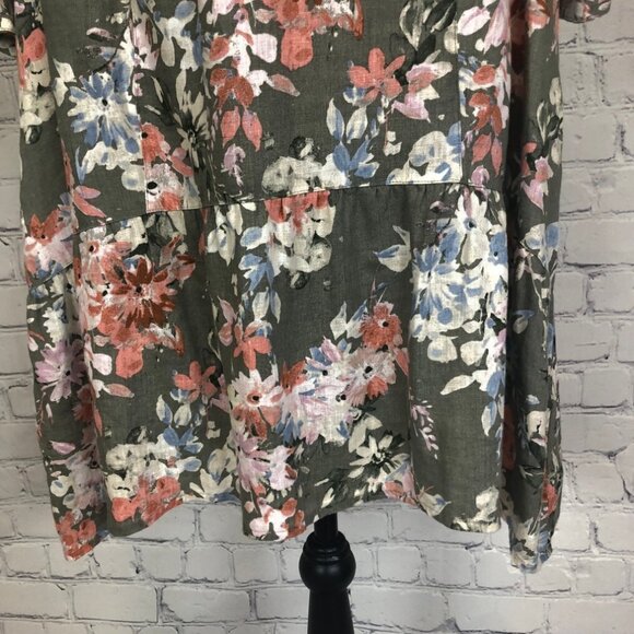 J Jill Love Linen Floral Dress Petite Size PM 100% Linen Green Pockets - Picture 4 of 10
